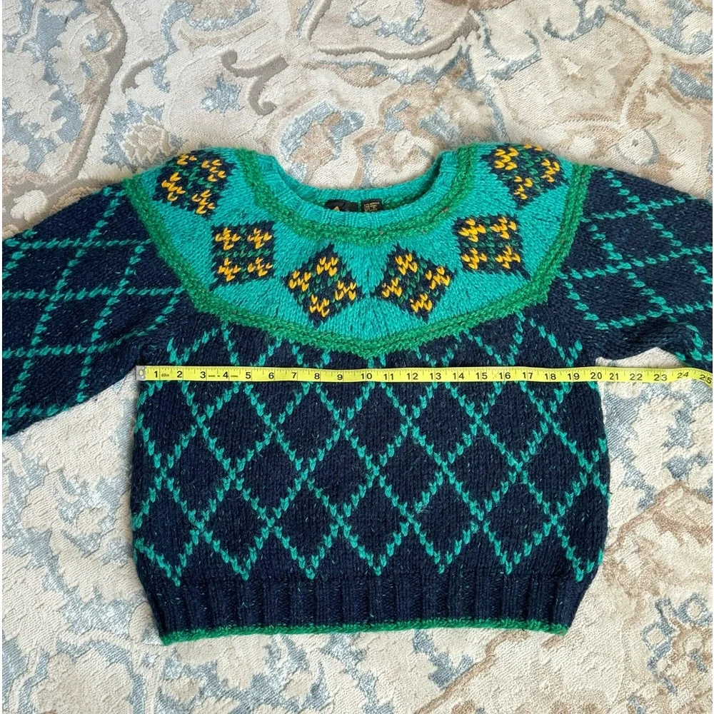 VTG 90’s Liz Sport chunky wool Sweater Green Cropped Checkered Balloon Sleeve S - Picture 7 of 11